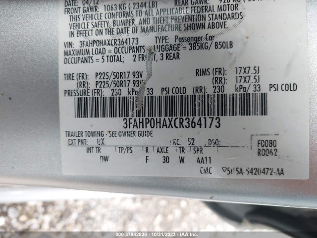 2012 FORD FUSION SE VIN: 3FAHP0HAXCR364173