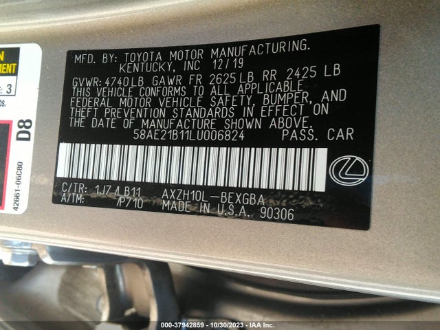 2020 LEXUS ES 300H LUXURY VIN: 58AE21B11LU006824