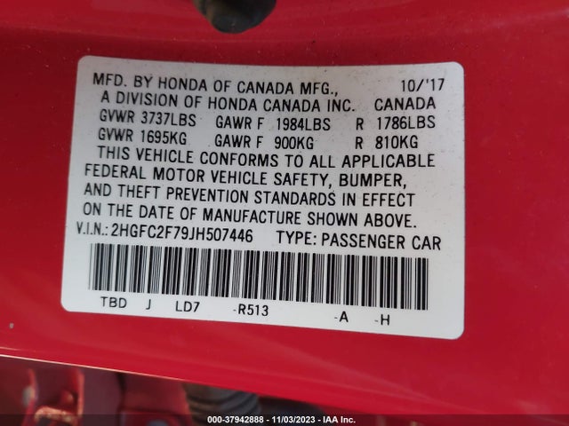 Honda CIVIC EX 2018 2HGFC2F79JH507446 Image 9