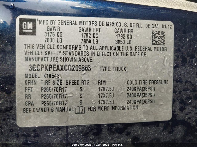 2012 CHEVROLET SILVERADO 1500 WORK TRUCK VIN: 3GCPKPEAXCG209863