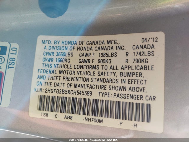 2012 HONDA CIVIC CPE LX VIN: 2HGFG3B5XCH545589