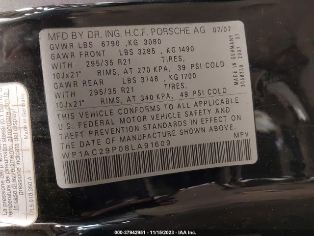 2008 PORSCHE CAYENNE WP1AC29P08LA91609 Photo 8