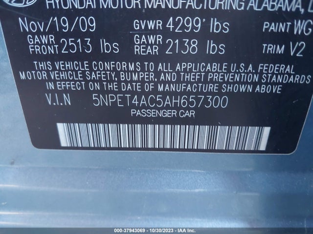 2010 HYUNDAI SONATA GLS PZEV VIN: 5NPET4AC5AH657300