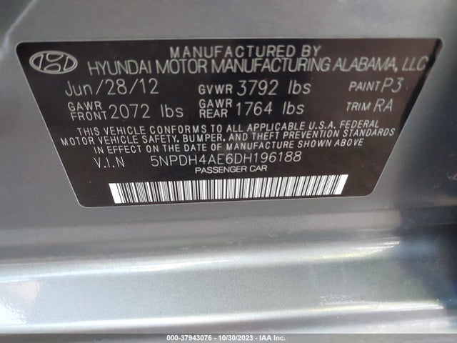 2013 HYUNDAI ELANTRA GLS VIN: 5NPDH4AE6DH196188