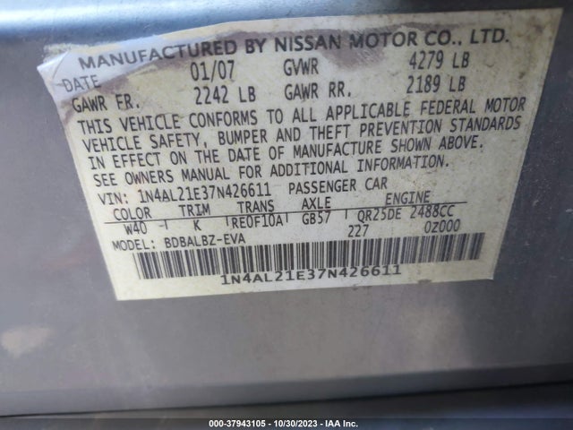 2007 Nissan Altima 2.5 S მანქანა იყიდება აუქციონზე, vin: 1N4AL21E37N426611, აუქციონის ნომერი: 37943105