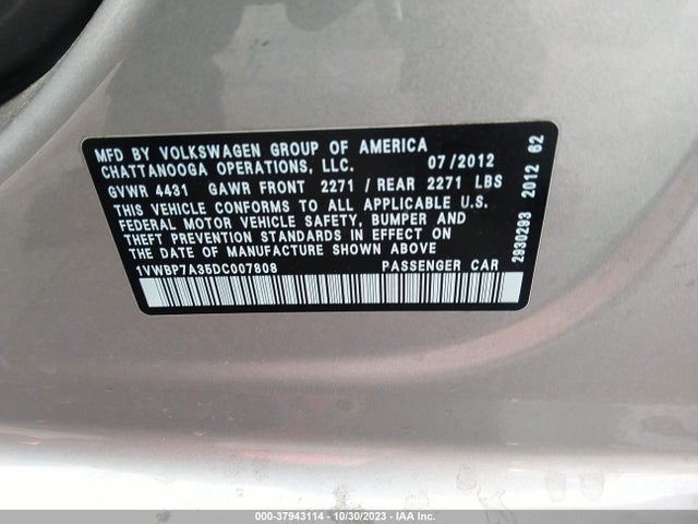 2013 VOLKSWAGEN PASSAT SE VIN: 1VWBP7A35DC007808