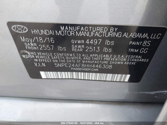 Hyundai Sonata 2.4l 2017 5NPE24AF8HH446308 Image 9