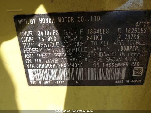 Honda FIT EX 2016 JHMGK5H72GX044346 Image 9