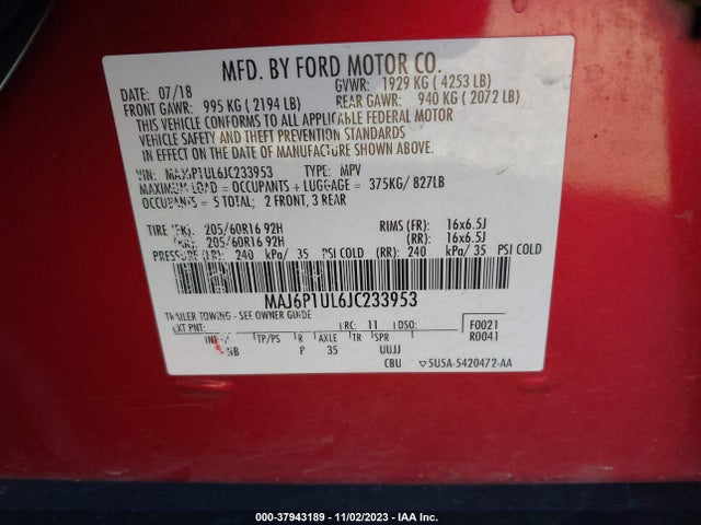 MAJ6P1UL6JC233953 Ford Ecosport Se