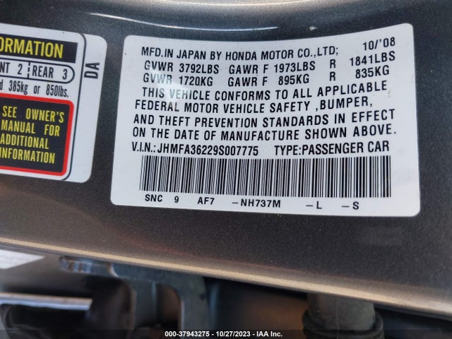 2009 HONDA CIVIC HYBRID VIN: JHMFA36229S007775
