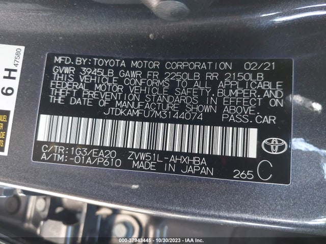 Продажа на аукционе авто 2021 Toyota Prius Xle, vin: JTDKAMFU7M3144074, номер лота: 37943445