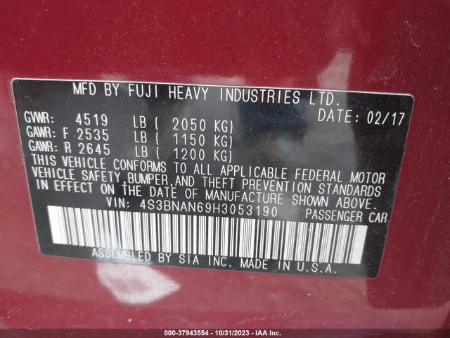 2017 SUBARU LEGACY 2.5I LIMITED VIN: 4S3BNAN69H3053190