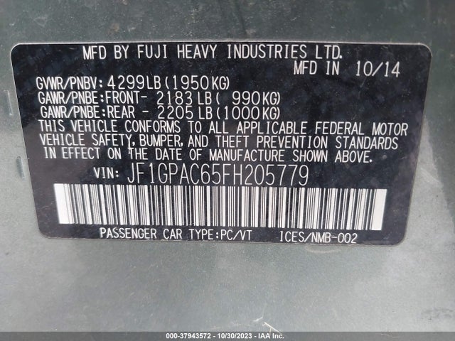2015 SUBARU IMPREZA 2.0I PREMIUM VIN: JF1GPAC65FH205779