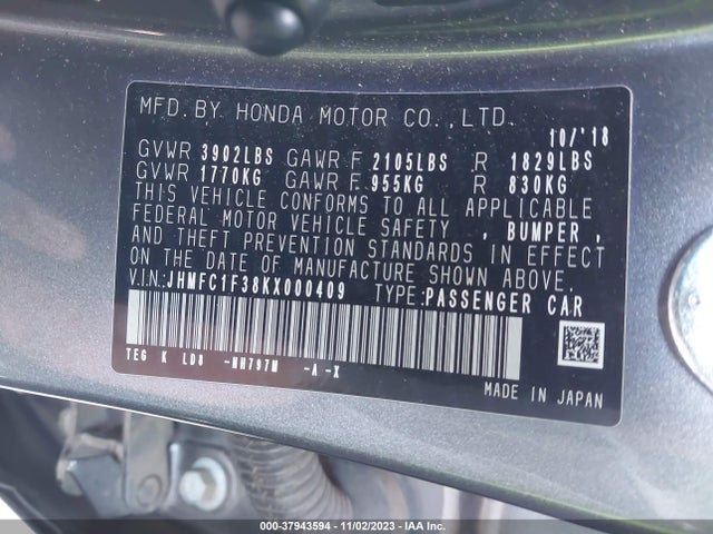 Honda CIVIC EX 2019 JHMFC1F38KX000409 Image 9
