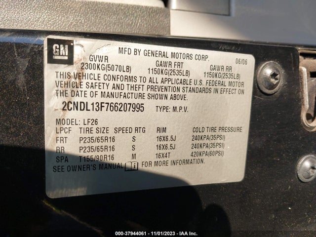 2006 CHEVROLET EQUINOX LS VIN: 2CNDL13F766207995