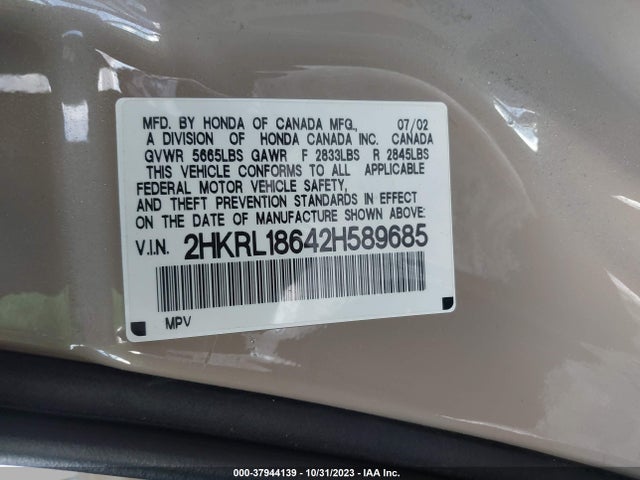 2002 HONDA ODYSSEY EX VIN: 2HKRL18642H589685