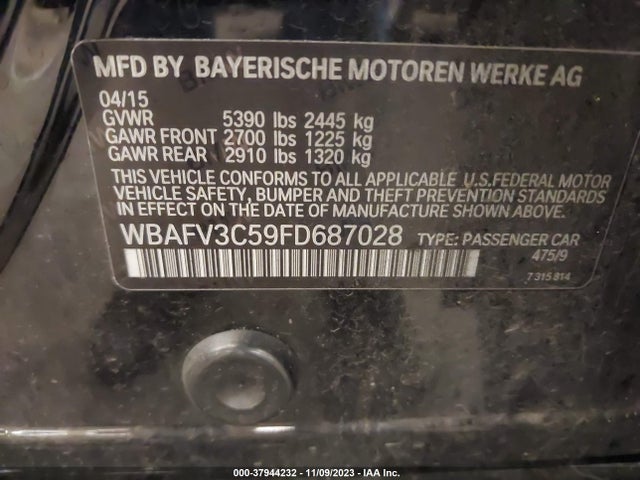 2015 BMW 535D XDRIVE VIN: WBAFV3C59FD687028