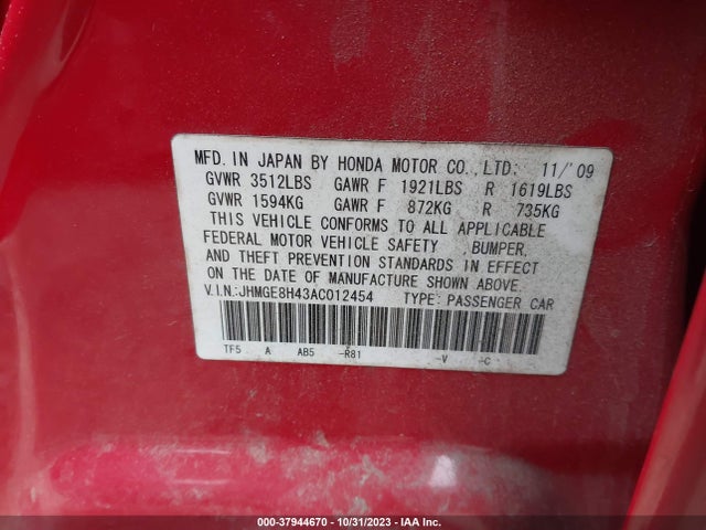 2010 HONDA FIT SPORT VIN: JHMGE8H43AC012454