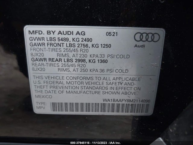 2021 AUDI Q5 PREMIUM PLUS 45 TFSI QUATTRO S TRONIC VIN: WA1BAAFY8M2114096