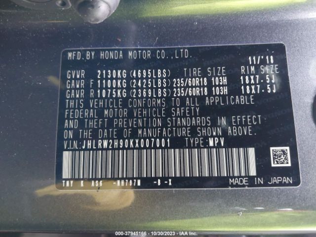 JHLRW2H90KX007001 Honda Cr-v Touring