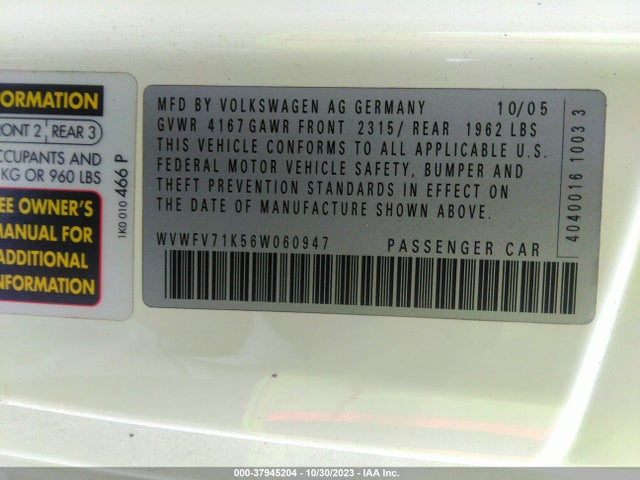 2006 VOLKSWAGEN GTI 2-DOOR VIN: WVWFV71K56W060947