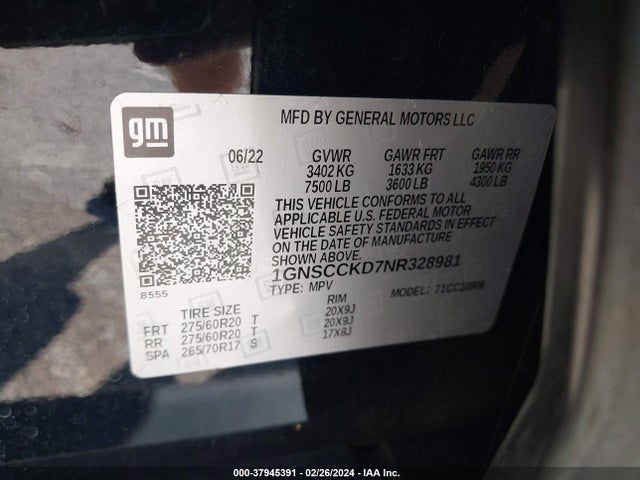 Chevrolet Suburban 2wd Lt 2022 1GNSCCKD7NR328981 Image 9