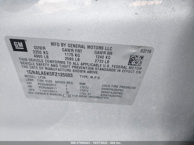 Chevrolet EQUINOX LS 2015 1GNALAEK5FZ125003 Image 9