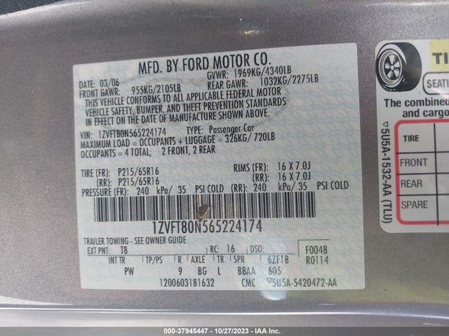 2006 FORD MUSTANG V6 VIN: 1ZVFT80N565224174