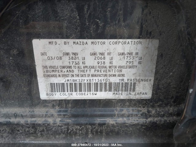 2008 MAZDA MAZDA3 I TOURING VALUE VIN: JM1BK32FX81136101
