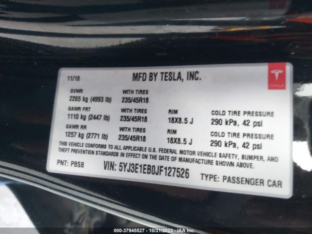 5YJ3E1EB0JF127526 Tesla Model 3 Long Range/performance