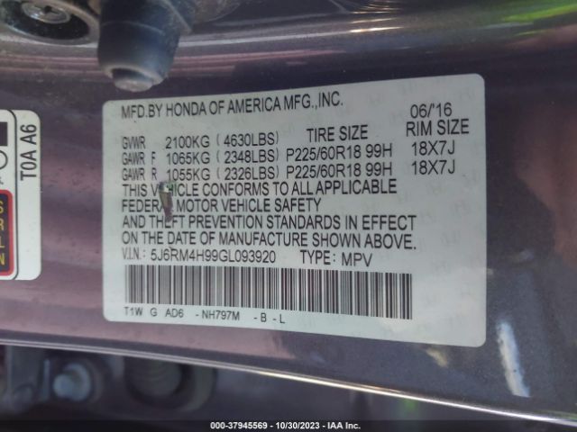 5J6RM4H99GL093920 Honda Cr-v Touring