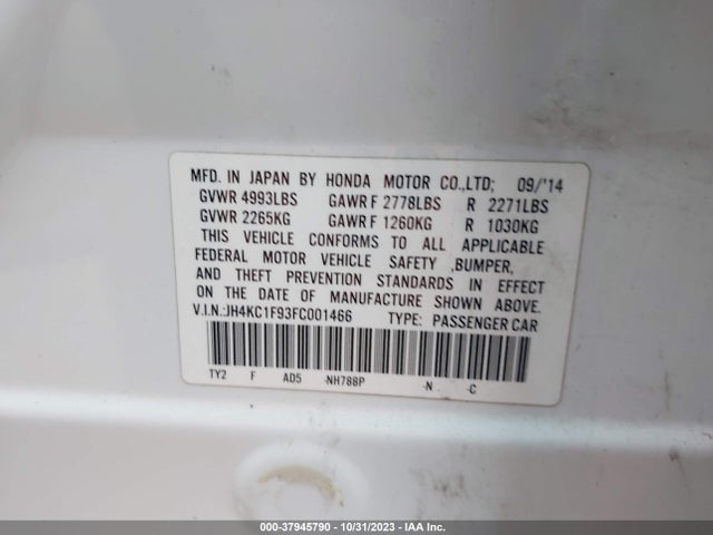 2015 ACURA RLX ADVANCE PKG VIN: JH4KC1F93FC001466