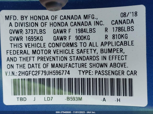 Honda CIVIC EX 2018 2HGFC2F79JH596774 Image 9