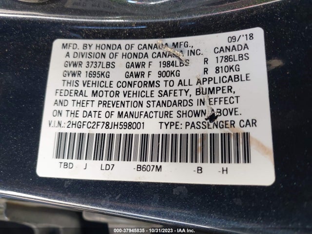 Honda CIVIC EX 2018 2HGFC2F78JH598001 Image 9