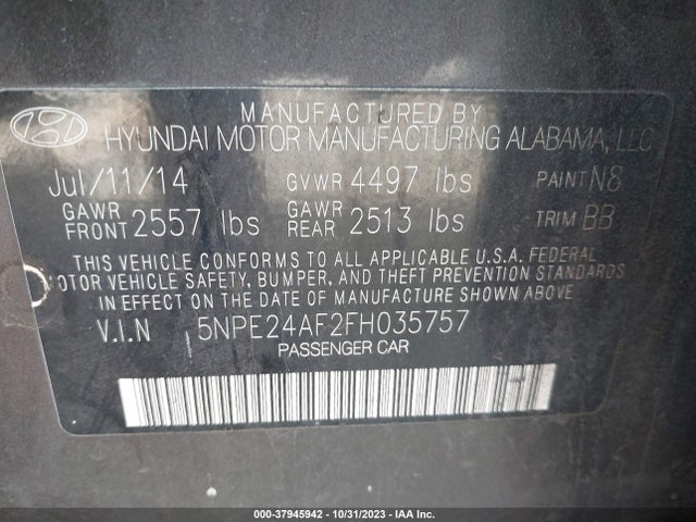2015 HYUNDAI SONATA SE VIN: 5NPE24AF2FH035757