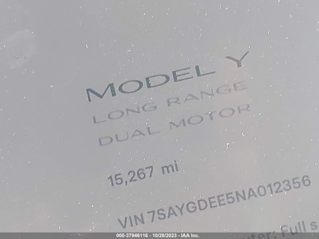 2022 TESLA MODEL Y LONG RANGE DUAL MOTOR ALL-WHEEL DRIVE VIN: 7SAYGDEE5NA012356