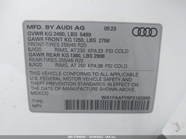 WA1FAAFY5P2162869 Audi Q5 Prestige 45 Tfsi S Line Quattro S Tronic