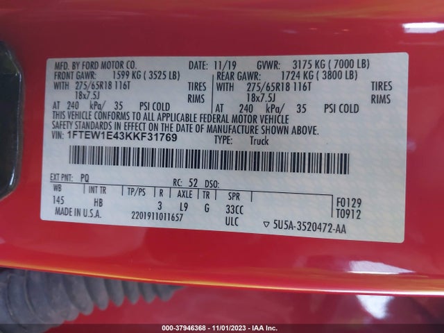 Aukcja sprzedaży 2019 Ford F-150 Lariat, vin: 1FTEW1E43KKF31769, numer aukcji: 37946368