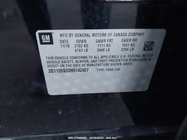 Chevrolet IMPALA LT 2017 2G1105S33H9142457 Image 9
