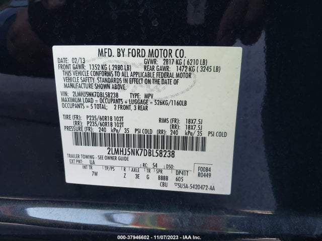 2013 LINCOLN MKT VIN: 2LMHJ5NK7DBL58238