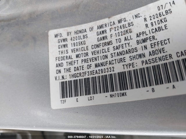 2014 HONDA ACCORD LX VIN: 1HGCR2F3XEA290332