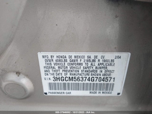 Продаж на аукціоні авто 2004 Honda Accord 2.4 Lx, vin: 3HGCM56374G704571, номер лоту: 37946882