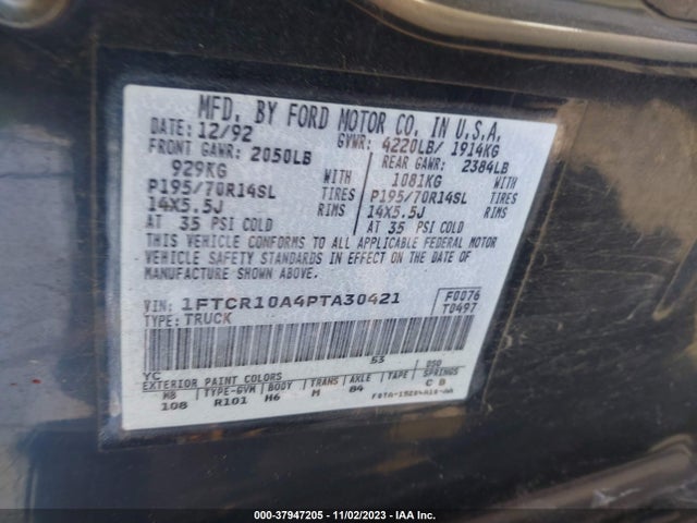 1993 FORD RANGER VIN: 1FTCR10A4PTA30421