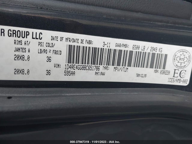 2011 DODGE DURANGO CREW PLUS VIN: 1D4RE4GG8BC651786