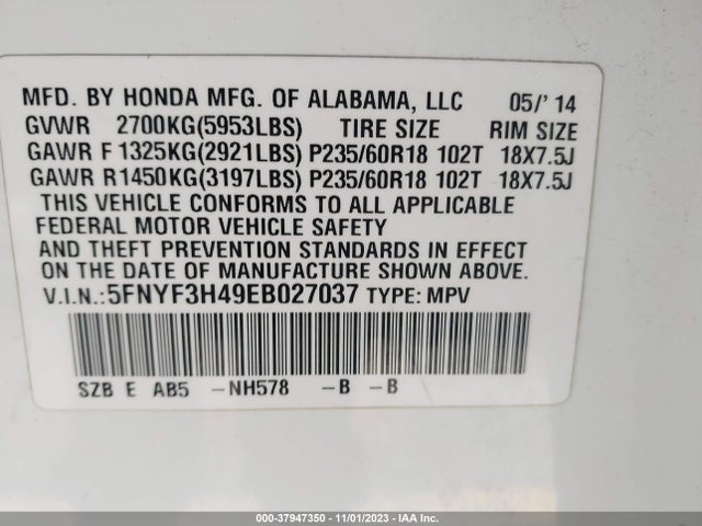 Honda Pilot Ex 2014 5FNYF3H49EB027037 Image 9