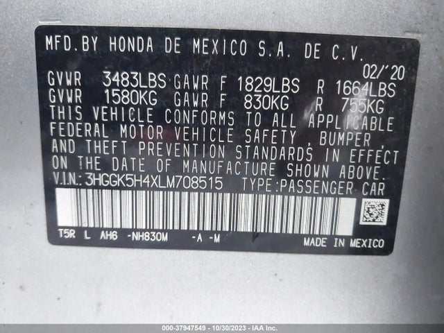 2020 HONDA FIT LX VIN: 3HGGK5H4XLM708515