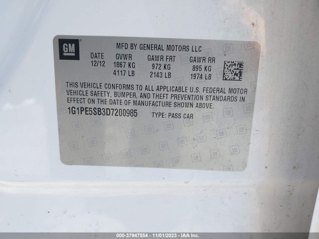 2013 CHEVROLET CRUZE 2LT AUTO VIN: 1G1PE5SB3D7200985