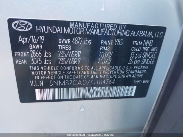 5NMS2CAD7KH114764 Hyundai Santa Fe Se