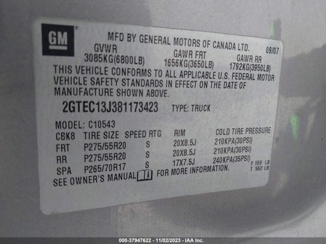 2008 GMC SIERRA 1500 SLE1 VIN: 2GTEC13J381173423