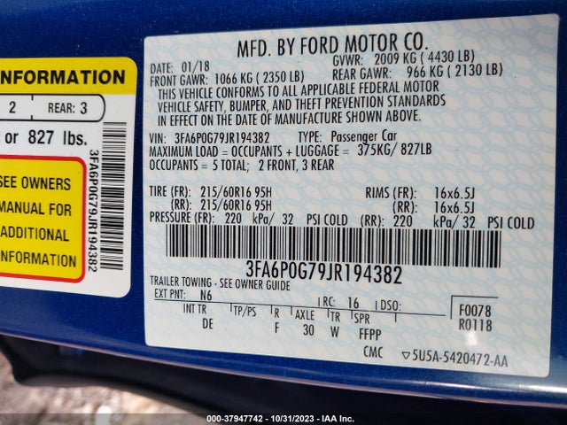2018 FORD FUSION S VIN: 3FA6P0G79JR194382